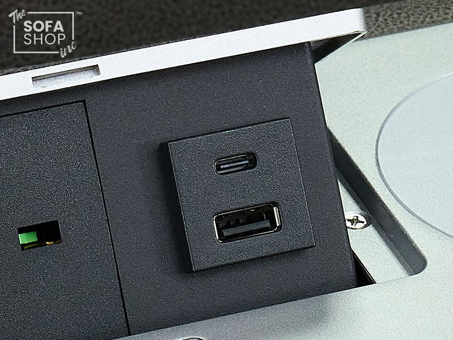 3+2 Sofa Set. Electric Cinema Sofa Suite in Graphite Fabric | Hi-Tech Sofa Set with Cupholders + Console + Power + USB + Speakers | Tuscany | The Sofa Shop