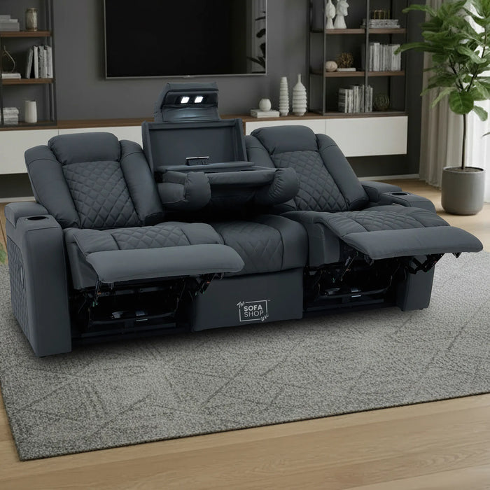 3 Seater Real Leather Electric Recliner Cinema Sofa in Grey | Hi-Tech Sofa with Power Lumbar, Bluetooth, Fold-Down Table & Storage | Milano | The Sofa Shop