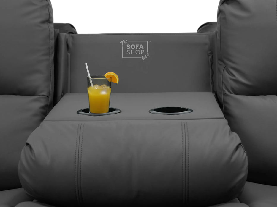 3 Seater Recliner Sofa in Grey Leather with Drop-Down Table & Cup Holders | Stylish & Easy-Care Recliner Sofa | Trento