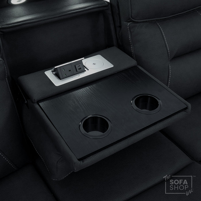 3 Seat Electric Recliner Home Cinema Sofa | Fabric Couch In Charcoal Grey | Hi-Tech Sofa with Massage + Cupholders + Table + Power Headrests + Speakers | Florence