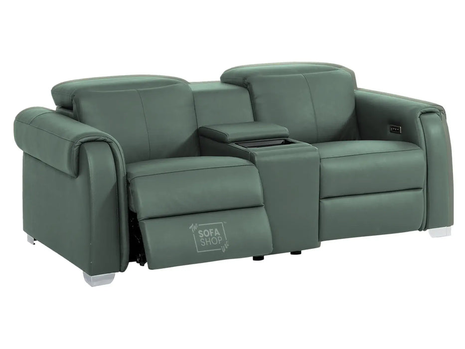 2 Seater Real Leather Electric Recliner Sofa | Cinema Sofa | Hi-Tech Sofa in Green with Massage, Middle Console, Adjustable Headrests & USB | Turin