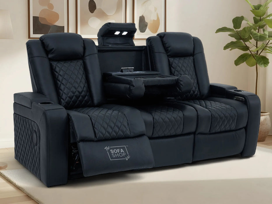 3 Seater Real Leather Electric Recliner Cinema Sofa in Black | Hi-Tech Sofa with Adjustable Headrest, Lumbar Support, Wireless Charger | Milano | The Sofa Shop