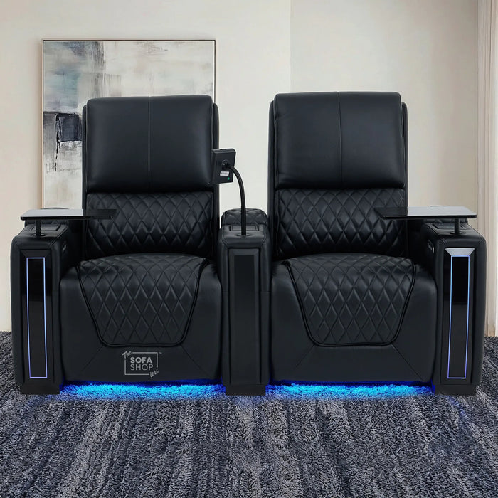 2 Seater Cinema Sofa in Black Real Leather | Electric Recliner Sofa With  Power Lumbar Support, Power Grommet, Wireless Charging, Heating & Cooling Cupholders | Assisi  | The Sofa Shop