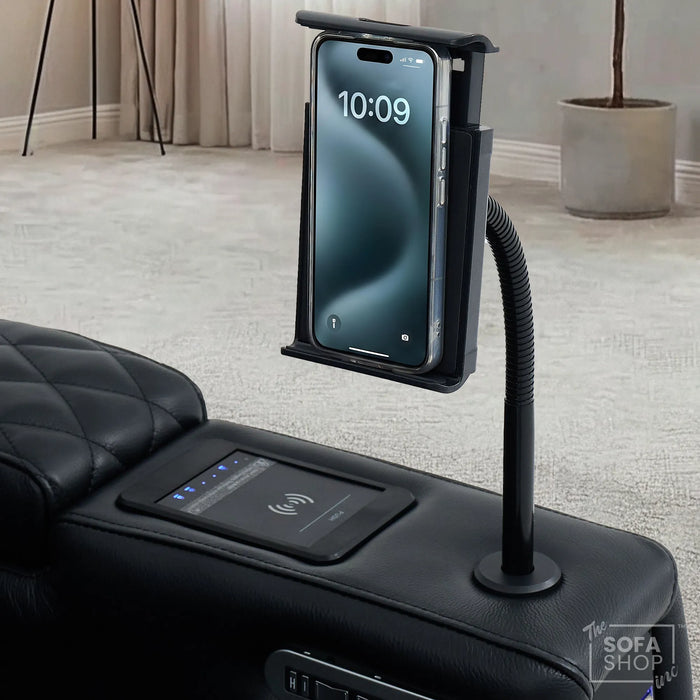 3 Seater Black Real Leather Electric Recliner Cinema Sofa | Leather Settee With Power Lumbar, Power Headrests + Wireless Charging, Heating & Cooling Cupholders, Power Grommets  | Assisi | The Sofa Shop