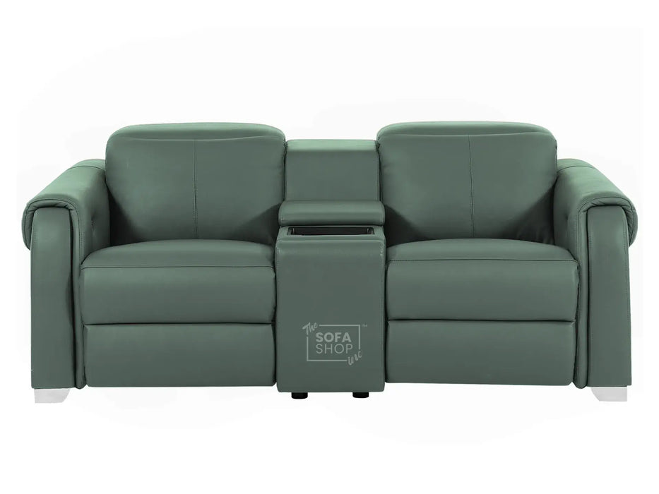 2 Seater Real Leather Electric Recliner Sofa | Cinema Sofa | Hi-Tech Sofa in Green with Massage, Middle Console, Adjustable Headrests & USB | Turin