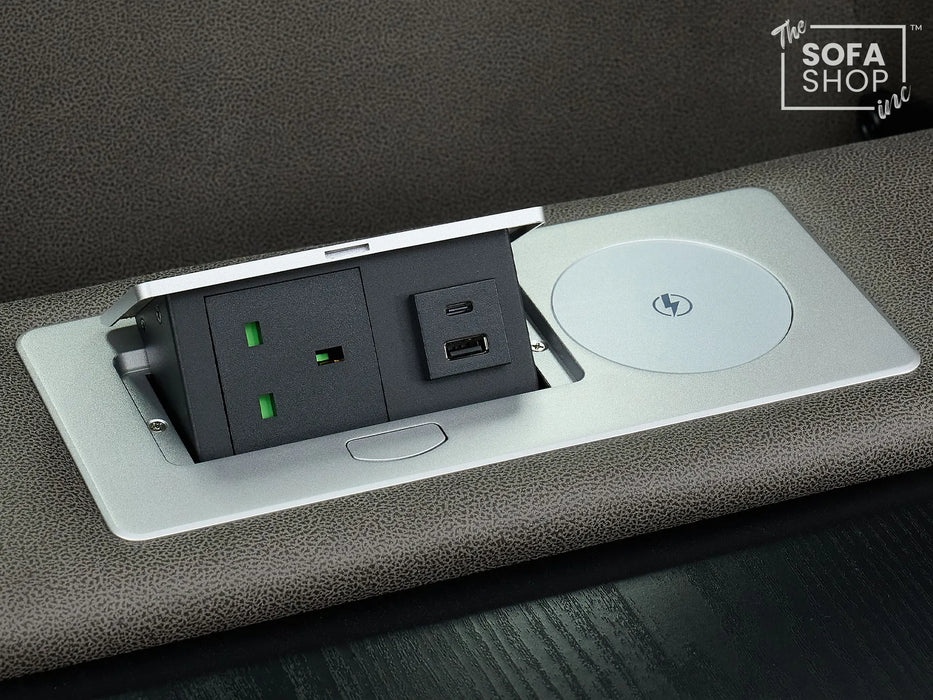 3+2 Sofa Set. Electric Cinema Sofa Suite in Graphite Fabric | Hi-Tech Sofa Set with Cupholders + Console + Power + USB + Speakers | Tuscany | The Sofa Shop