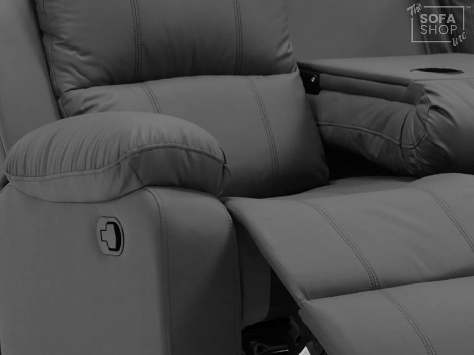 3 Seater Recliner Sofa in Grey Leather with Drop-Down Table & Cup Holders | Stylish & Easy-Care Recliner Sofa | Trento