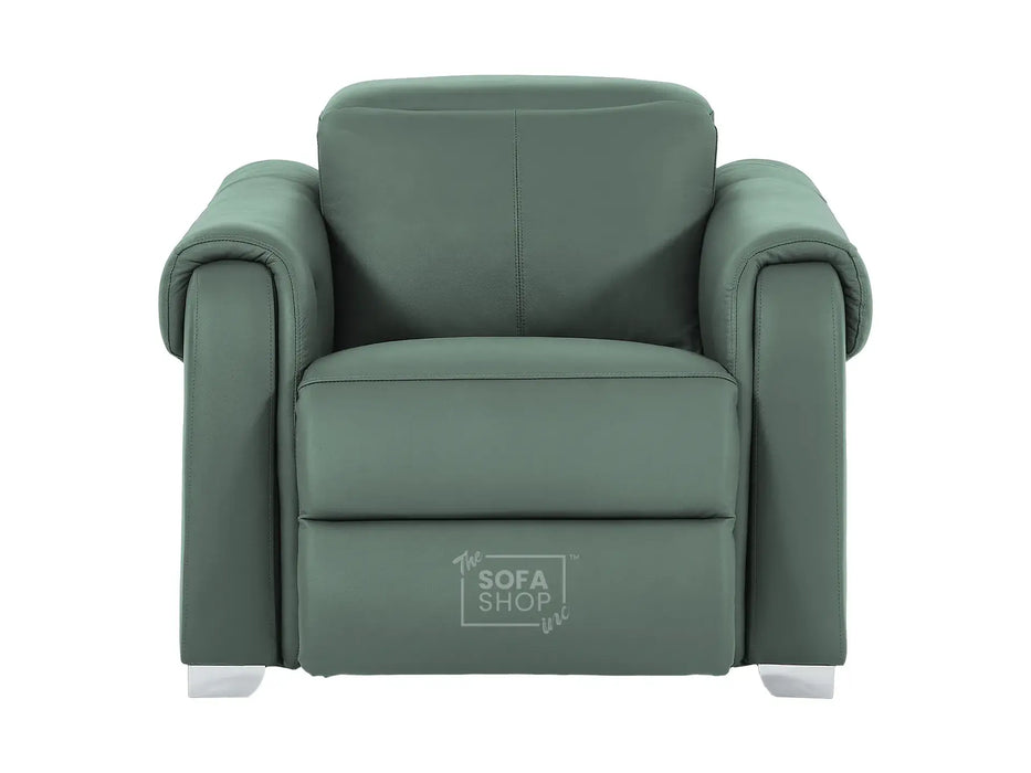 Real Leather Electric Recliner Chair In Green | Hi-Tech Chair with Massage, Power Headrest + USB Charging Ports | Turin