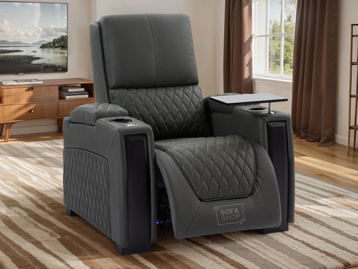 Electric Recliner Chair & Cinema Seat in Grey Real Leather with USB, LED Lights and Chilled Cupholders - Assisi