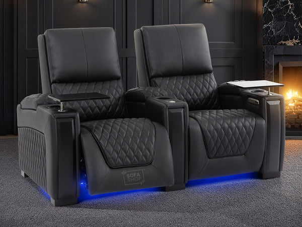 2 Seat Electric Recliner Home Cinema Theatre Sofa | Genuine Leather Couch in Black + Multi-Position Reclining + LED Cup Holders | Assisi | The Sofa Shop