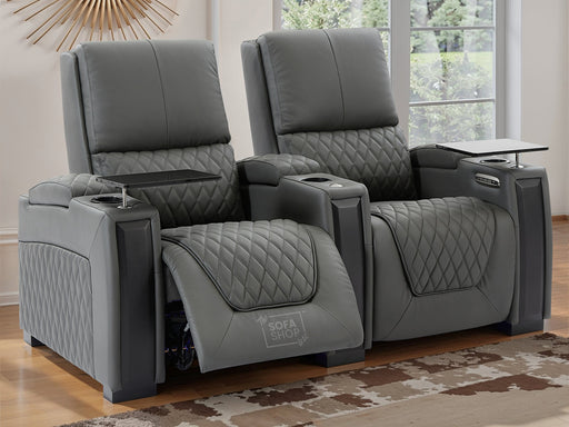 2 Seater Electric Recliner Sofa & Cinema Seats in Grey Real Leather With Power Lumbar Support, Chilled Cupholders,  Console, Storage Boxes - Assisi