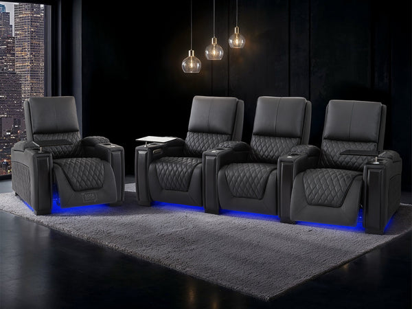 3+1 Seater Electric Recliner Sofa Set & Cinema Seats in Black Genuine Leather With Chilled Cuphoders & Power Headrests - Assisi