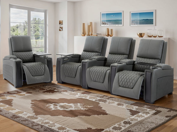 3+1 Home Theatre Sofa Suite | 2 Piece Reclining Cinema Sofa Package in Grey Genuine Leather | Power Lumbar, LED & Cooling Cup Holders | Assisi | Sofa Shop