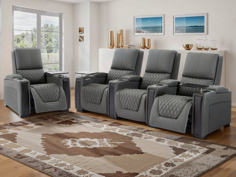 3+1 Seater Electric Recliner Sofa Set & Cinema Seats in Grey Real Leather With Chilled Cuphoders & Power Headrests - Assisi