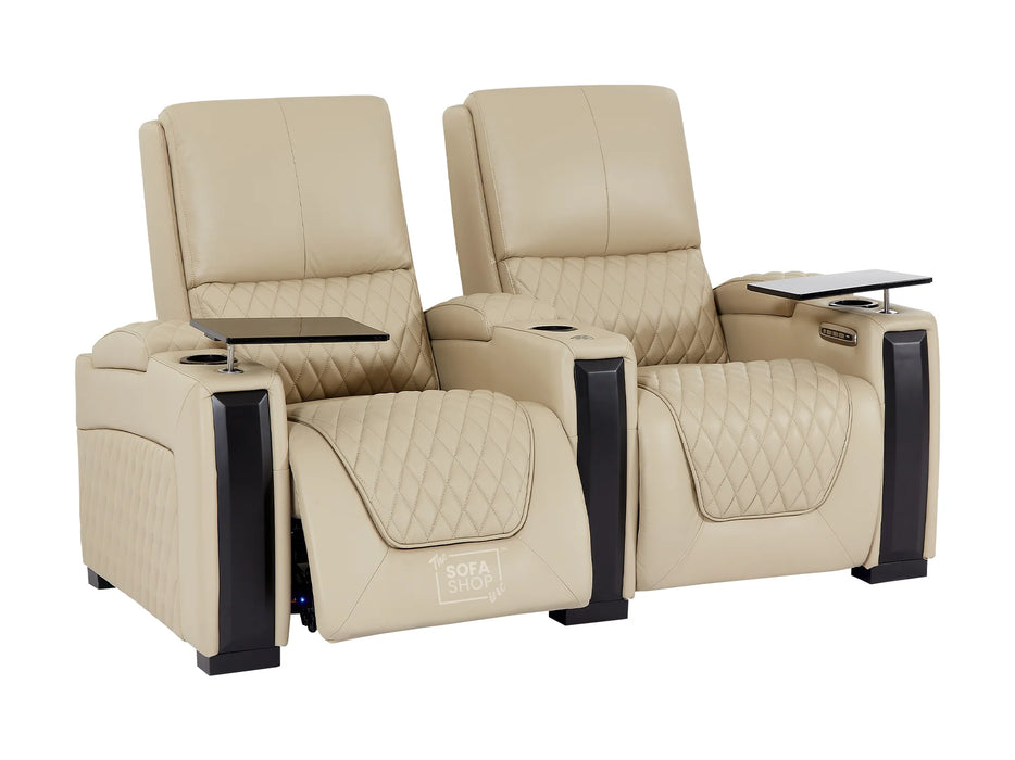 3+2 Recliner Power Sofa Suite | Real Leather Hi-Tech Sofa Set in Beige with USB, Chilling Cup Holders, Storage & Table | Assisi | Sofa Shop