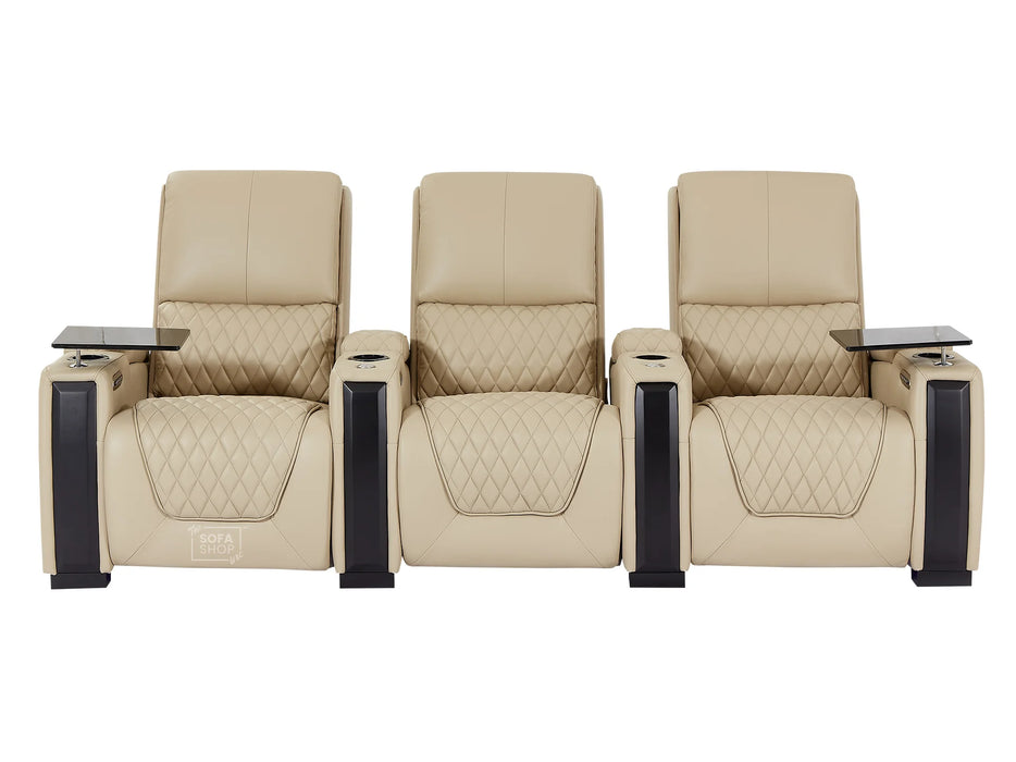 3 Seater Electric Recliner Cinema Sofa in Beige Real Leather | Smart Couch with Power Headrests, Lumbar Support & LED | Assisi | Sofa Shop