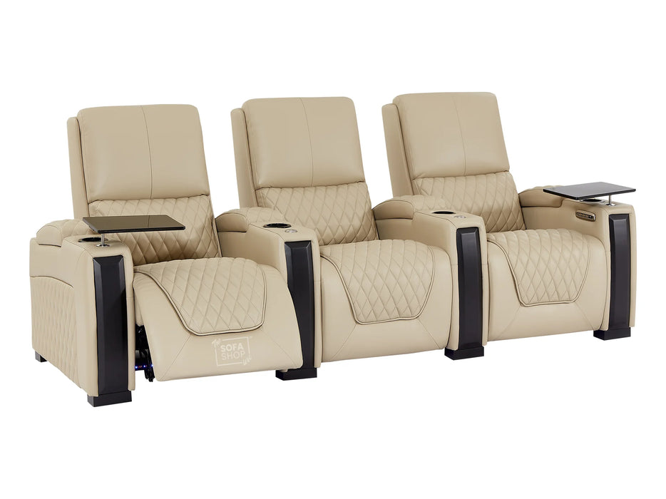 3 Seater Electric Recliner Cinema Sofa in Beige Real Leather | Smart Couch with Power Headrests, Lumbar Support & LED | Assisi | Sofa Shop