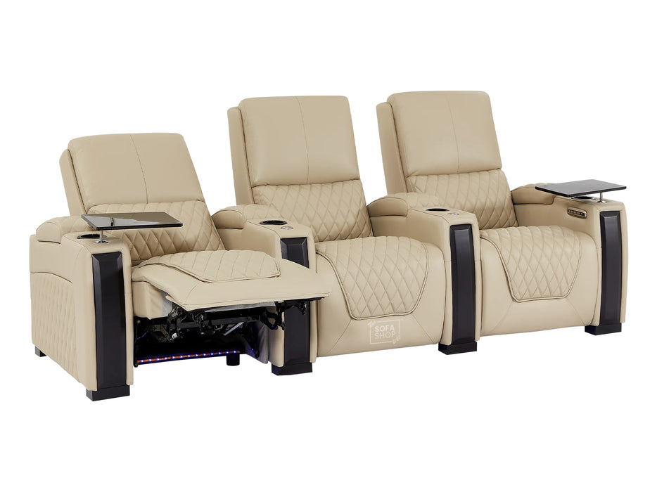 3 Seater Electric Recliner Cinema Sofa in Beige Real Leather | Smart Couch with Power Headrests, Lumbar Support & LED | Assisi | Sofa Shop