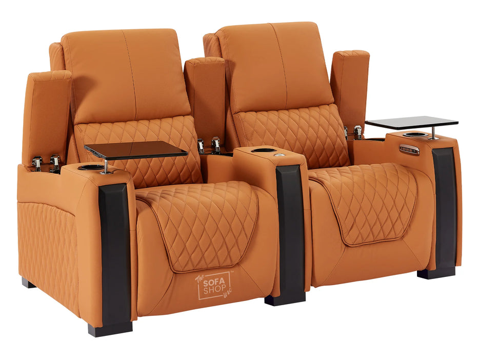 3 2 Electric Recliner Sofa Set in Orange Real Leather 2 Piece Cinema Sofa with USB Ports, Chilled Cupholders & Storage Boxes - Assisi