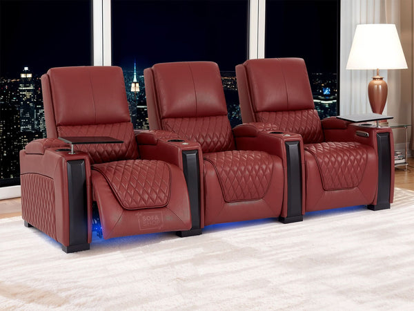 3 Seat Electric Recliner Home Cinema Theatre Sofa | Genuine Leather Couch in Red + Power Lumbar + Adjustable Headrests for Personalized Support | Assisi | The Sofa Shop