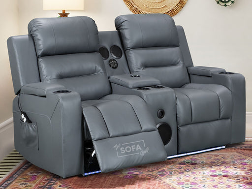 2 Seater Electric Recliner Sofa & Cinema Seats in Grey Leather. Smart Cinema Sofa With Power Functions, Console , Massage Seats & Speakers - Siena