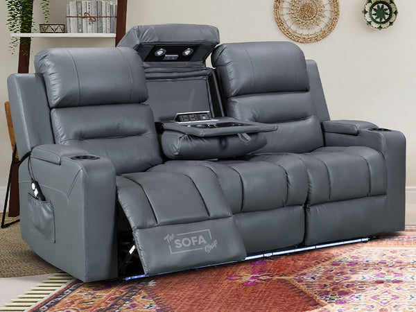 3 Seater Electric Recliner Sofa & Cinema Seats. Grey Leather Cinema Sofa with Console + Massage + Power Headrests - Siena