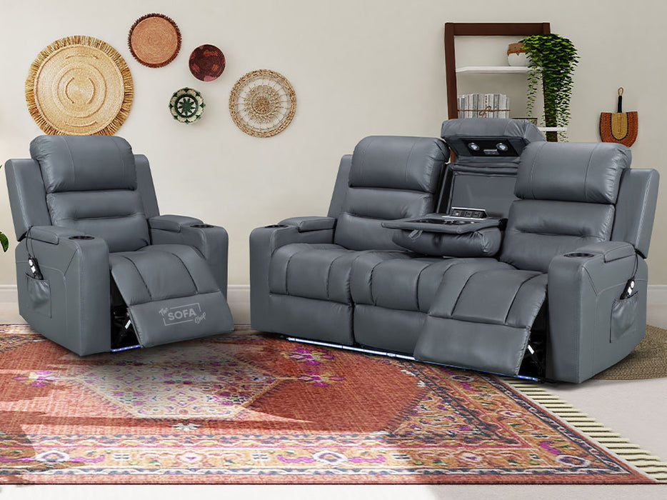 3+1 Electric Recliner Sofa Set inc. Cinema Seat in Grey Leather. 2 Piece Cinema Sofa With Power Headrests, Massage, USB, LED Cup Holders- Siena