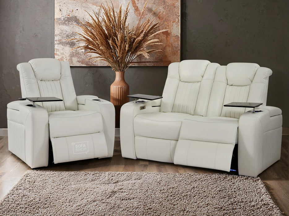 2+1 Electric Recliner Cinema Sofa Set in White Real Leather with USB Ports, Cup Holders, Storage Boxes & Wireless Charger  - Capri