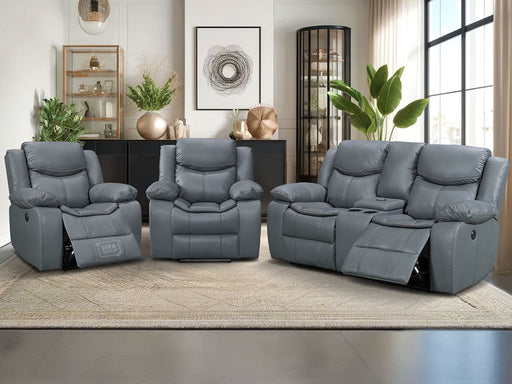 2 1 1 Electric Recliner Sofa Set inc. Chairs in Grey Leather with Console & Wireless Charger - 3 Piece Highgate Power Sofa Set