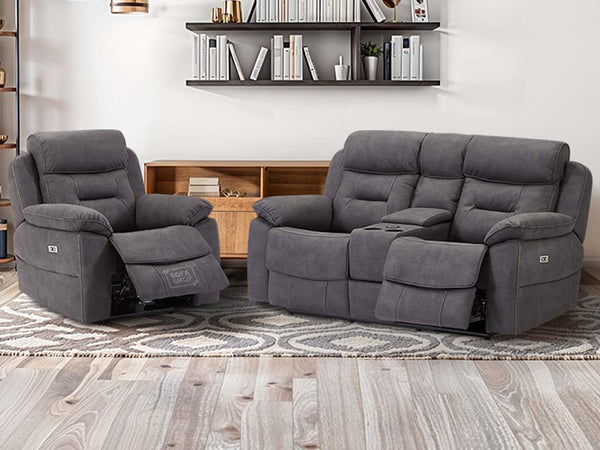 2+1 Electric Recliner Sofa Set inc. Chair in Black Fabric with Storage & Power Headrest & Cup Holders - 2 Piece Florence Power Sofa Set