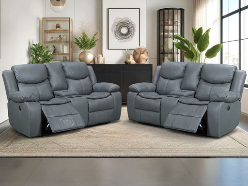 2+2 Electric Recliner Sofa Set - Grey Leather Sofa Package with  Console, Storage, Cup Holders & Wireless Charger - Highgate - Black Friday Sale