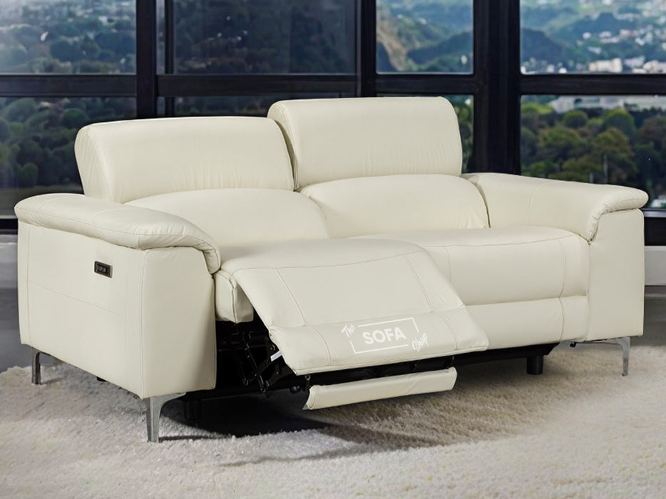 3 Seater Cream Leather Electric Recliner Sofa with Adjustable Headrest & USB Ports - Solero
