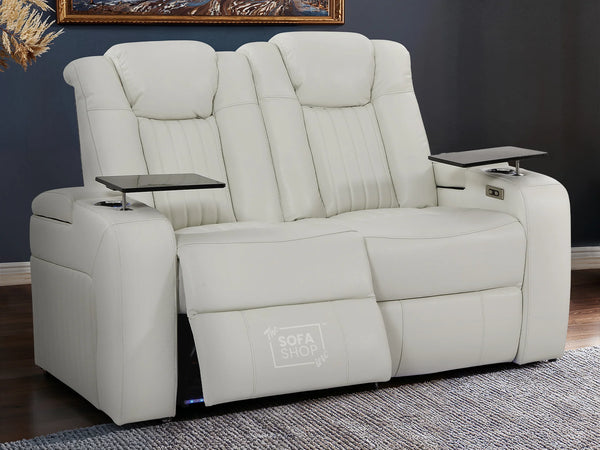 2 Seater Electric Recliner Smart Cinema Sofa in White Real Leather with Power, Massage, Console, and Adjustable Headrest- Capri