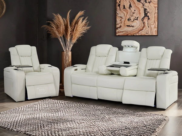 3+1 Electric Recliner Sofa Set and Cinema Sofa Seats Package in White Real Leather. Suite with USB, Storage, and Charger - Capri