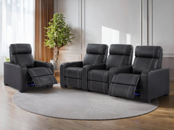 3+1 Electric Recliner Sofa Set Package in Black Real Leather With White Stitching, USB, Storage, and Electric Recliner Chair in Black Real Leather With White Stitching + Cup Holders + LED Light - Rimini- Rimini