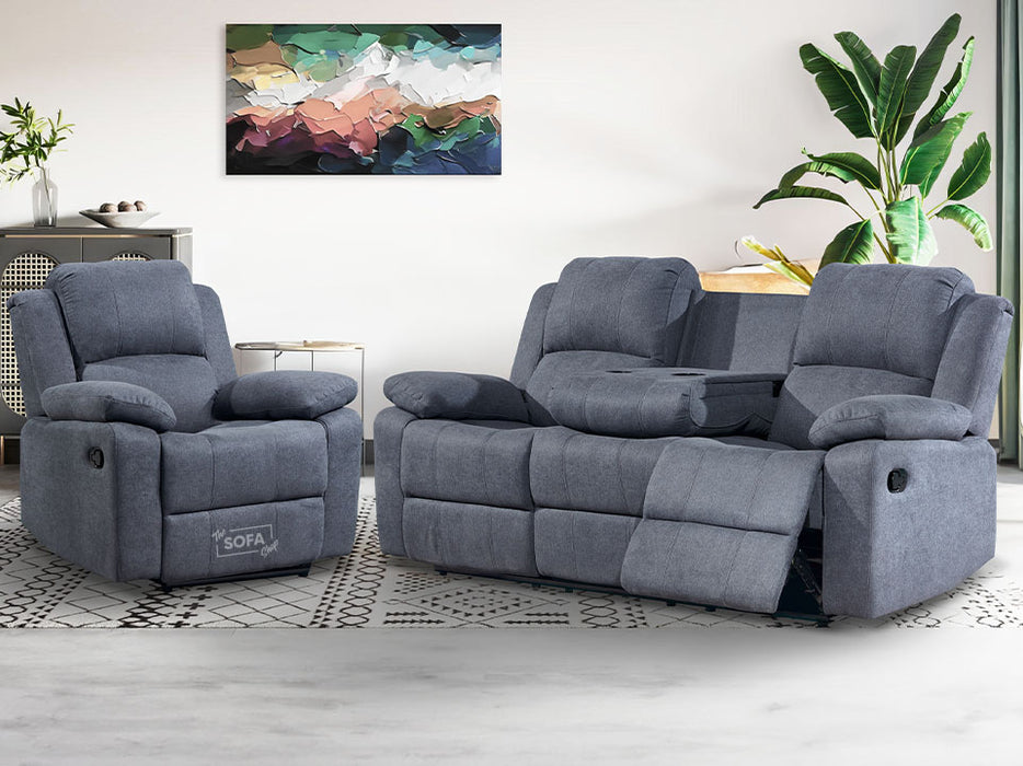 3+1 Recliner Sofa Set inc. Chair in Dark Grey Fabric with Drop-Down Table & Cup Holders - 2 Piece Trento Sofa Set
