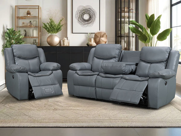 3+1 Electric Recliner Sofa Set inc. Chair in Grey Leather with Drop-Down Table & Cup Holders & Wireless Charger - 2 Piece Highgate Power Sofa Set