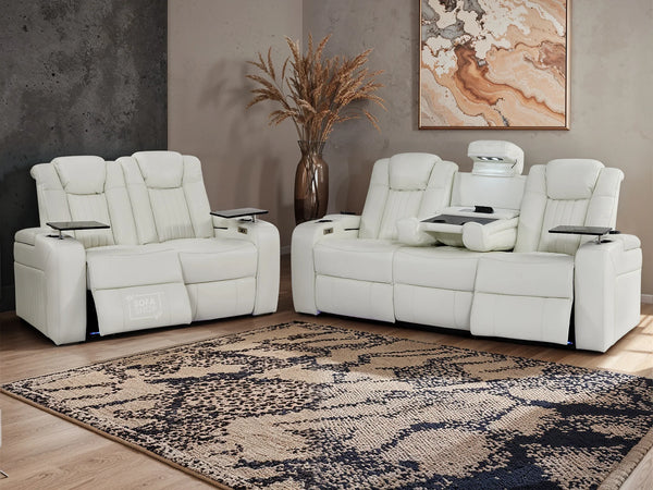 3 2 Electric Recliner Sofa Set with USB Ports, Drink Holders & Storage Boxes - White Real Leather 2 Piece Cinema Sofa - Capri