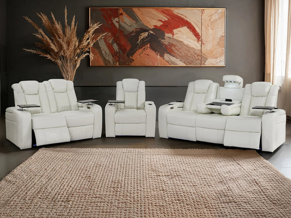 Electric Recliner Cinema Sofa Set 3 2 1 in White Real Leather with Cup Holders, Storage Boxes, and USB Ports - Capri