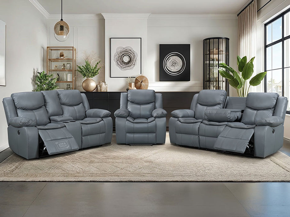 3 2 1 Electric Recliner Sofa Set. 3 Piece Recliner Sofa Package Suite in Grey Leather With USB Ports & Drink Holders & Storage Boxes- Highgate