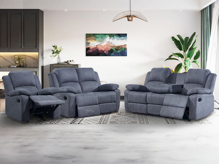 3 2 1 Recliner Sofa Set. 3 Piece Recliner Sofa Package Suite in Dark Grey Fabric with Drop-Down Table & Drinks Holder - Trento