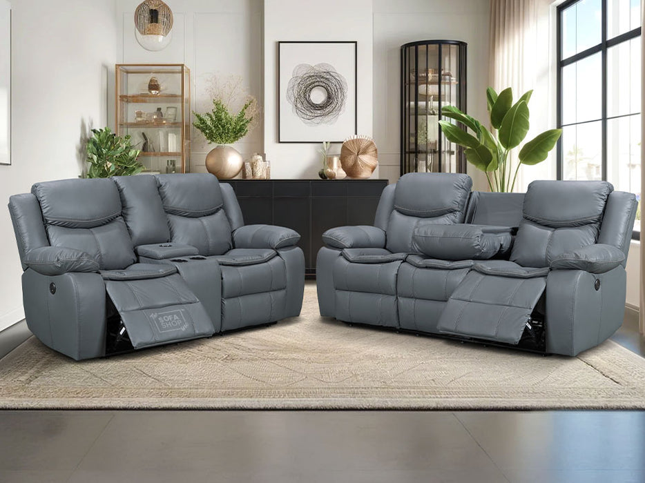 3 2 Electric Recliner Sofa Set. 2 Piece Recliner Sofa Package Suite in Grey Leather With USB Ports & Drink Holders & Storage Boxes- Highgate