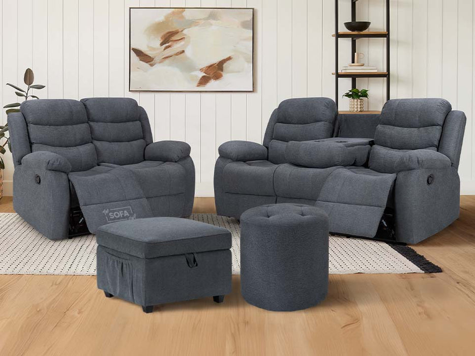 3 2 Recliner Sofa Set Plus Pouffe & Footstool in Dark Grey Fabric with Drop-Down Table & Drink Holders - Sorrento