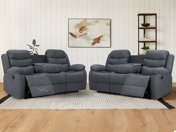 3+3 Fabric Sofa Set & Recliner Sofa Package in Dark Grey With Drop-Down Table & Cup Holders - Sorrento