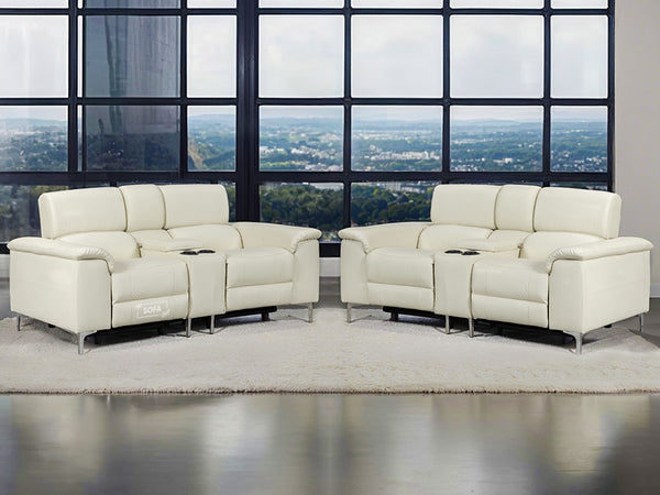 2+2 Recliner Sofa Set - Electric Sofa Package In Cream Leather with Console, USB Ports, Cooling Cup Holders, Wireless Charger & More- Solero