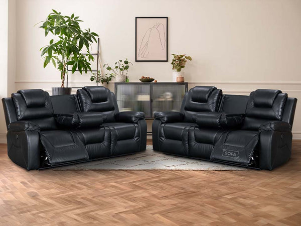 3+3 Electric Recliner Sofa Set & Leather Sofa Package. Black 2 Piece Suite with Console & USB Ports & Cup Holders - Vancouver