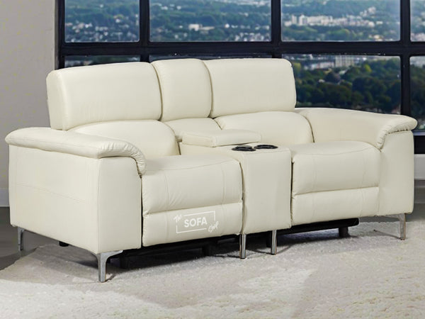 2 Seater Cream Leather Electric Recliner Sofa with Storage, Cup Holders & Usb Ports - Solero