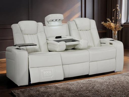 Electric Recliner Cinema Sofa 3 Seater in White Real Leather with USB Ports, Cup Holders, and Wireless Charger - Capri