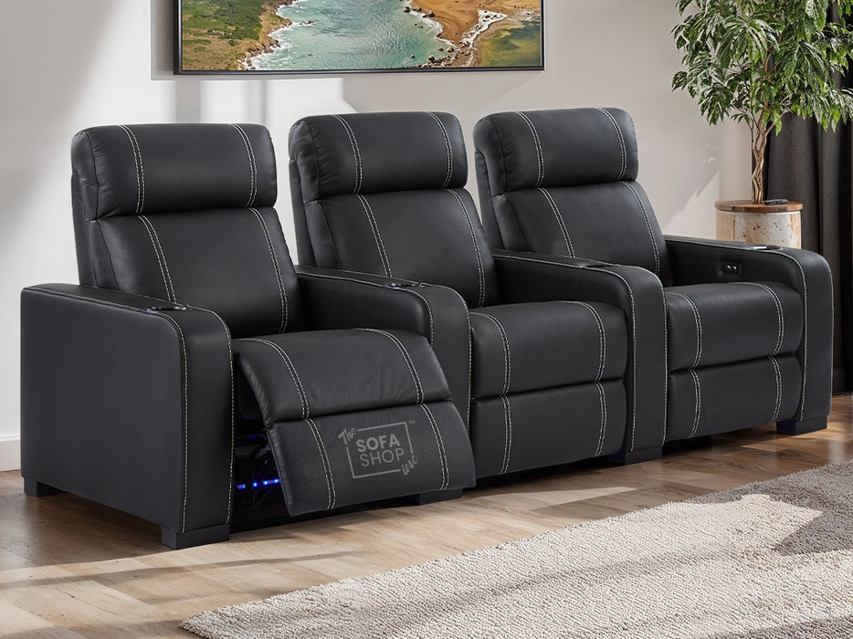 Electric Recliner Cinema Sofa 3 Seater in Black Real Leather with White Stitching, USB Ports, Cup Holders - Rimini