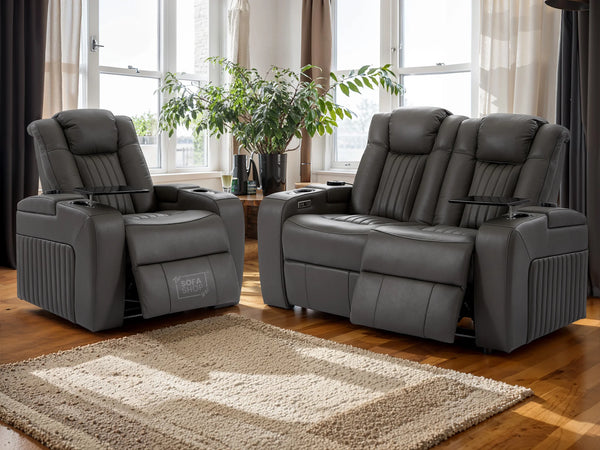 2+1 Electric Recliner Cinema Sofa Set in Grey Real Leather with USB Ports, Cup Holders & Storage Boxes - Capri